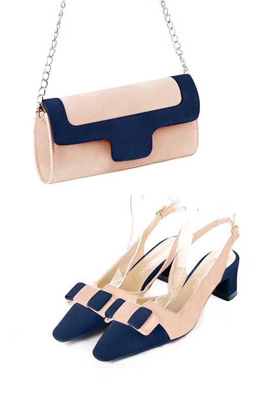 Powder pink and navy blue women's dress clutch, for weddings, ceremonies, cocktails and parties. Worn view - Florence KOOIJMAN